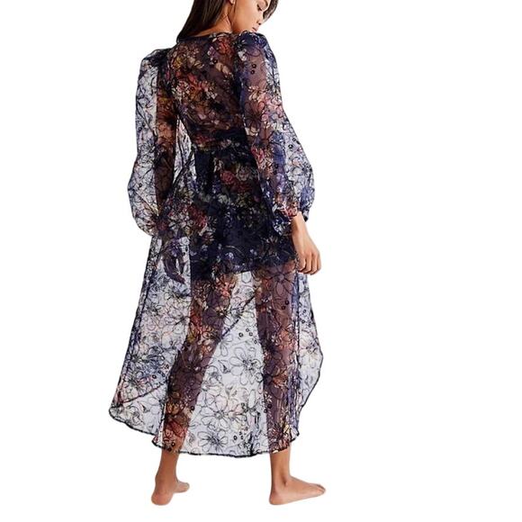 For Love & Lemons Sophia Sheer Puff Sleeve Midi Dress Black Navy Floral XS - Picture 3 of 14